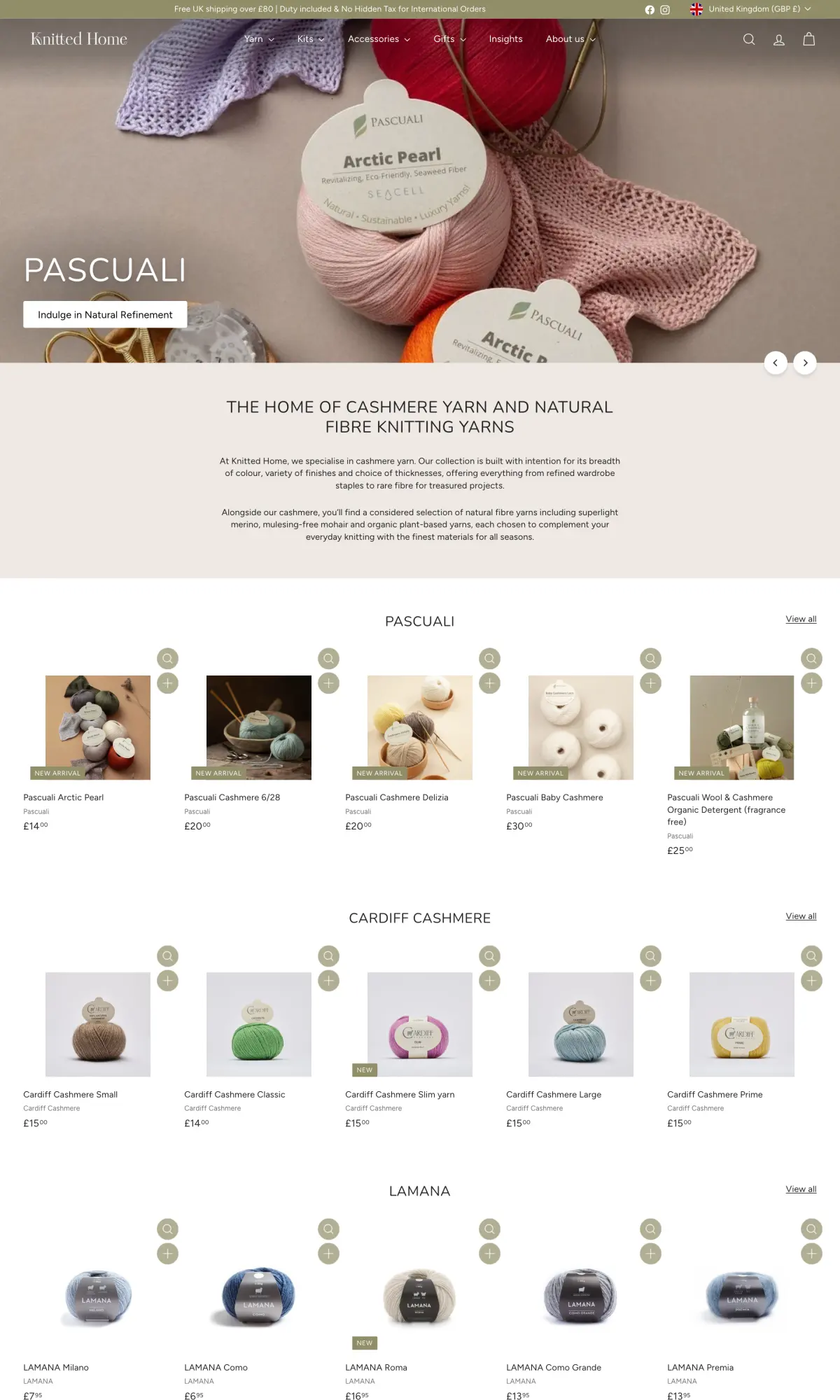 knittedhome.com — the storefront, top of the homepage